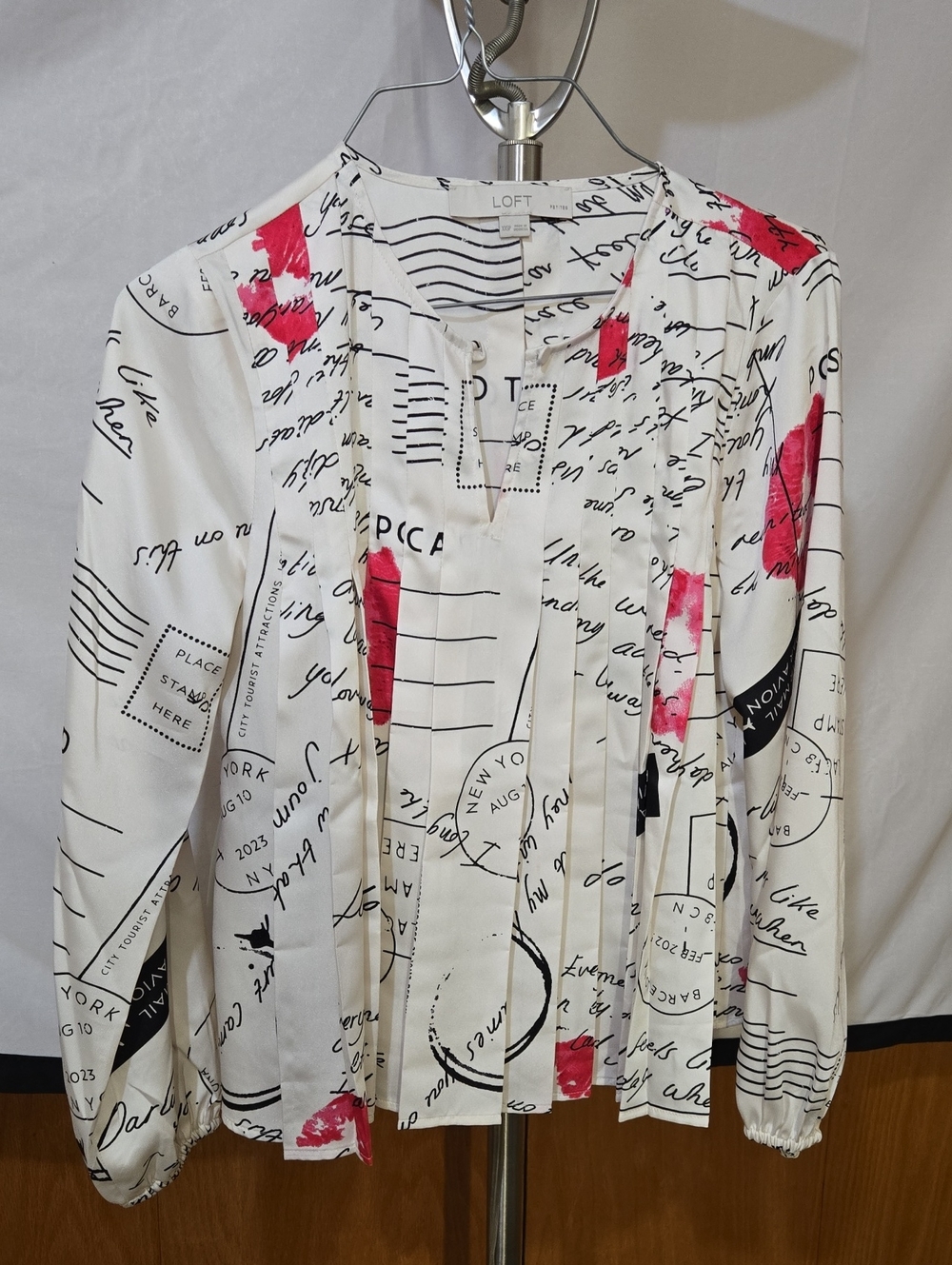 LOFT White Script Print Button-Front Shirt with Red Xs Accents